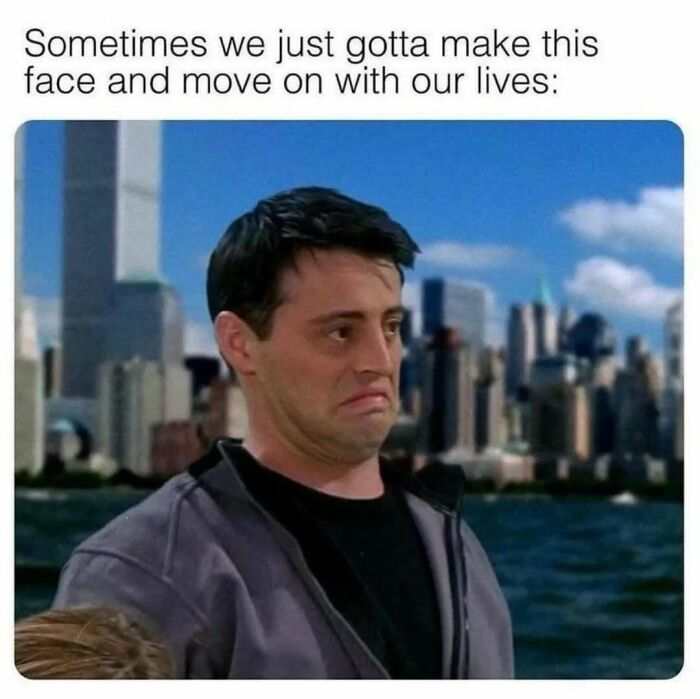 Scene from Friends showing character making a funny face with New York City skyline in the background, classic meme moment.