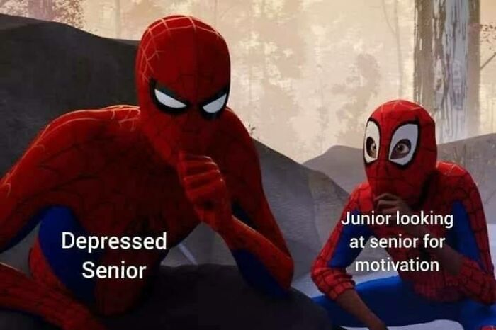 Two Spider-Man characters labeled Depressed Senior and Junior looking at senior for motivation in a relatable meme about humor and healthcare.
