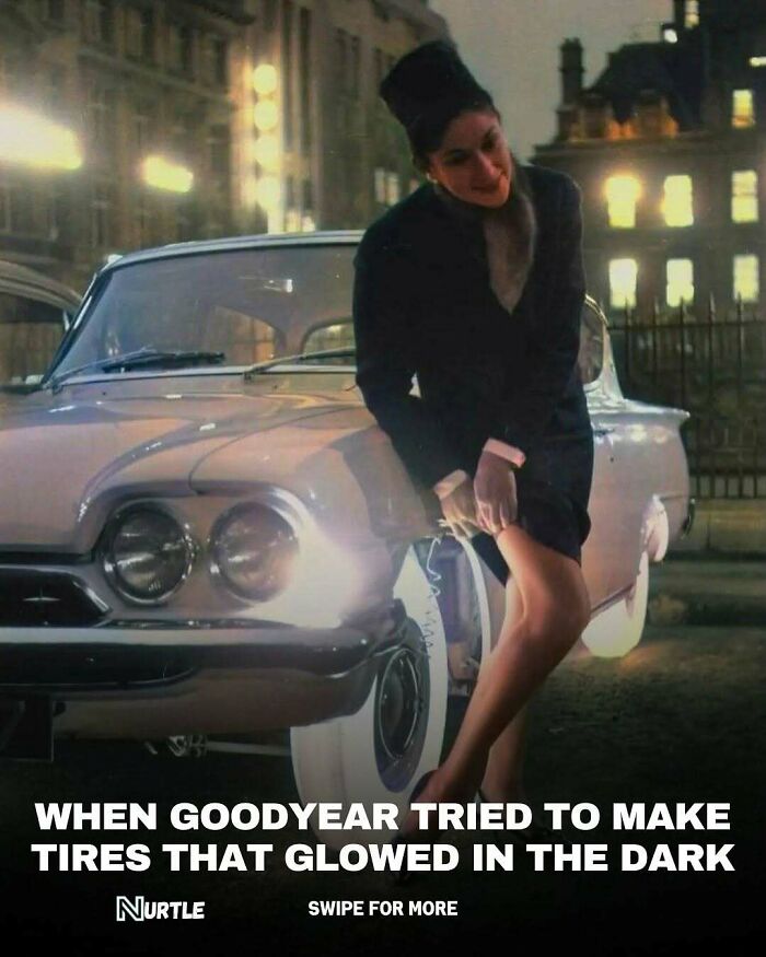 Woman leaning on a vintage car showing glowing tires at night, illustrating random facts about fun tire inventions.