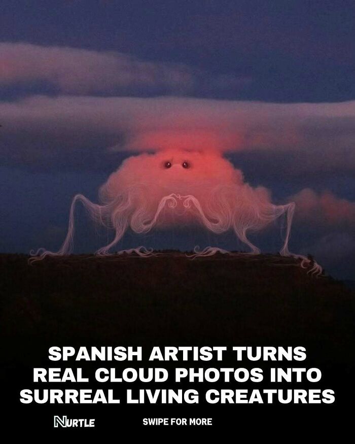 Surreal living creature made from a real cloud photo by a Spanish artist, showcasing random facts about imaginative art.