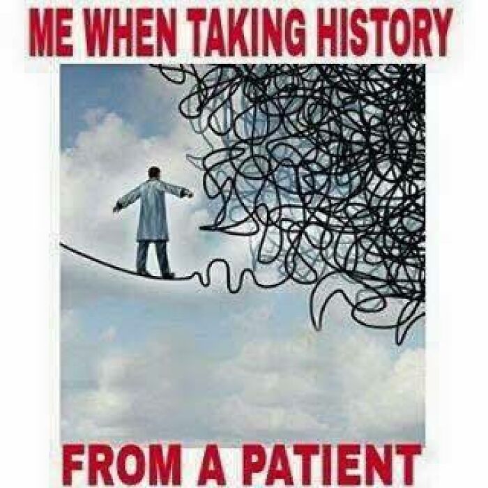 Person in a lab coat cautiously walking a tightrope toward chaotic scribbles, humor meme about healthcare and medicine.