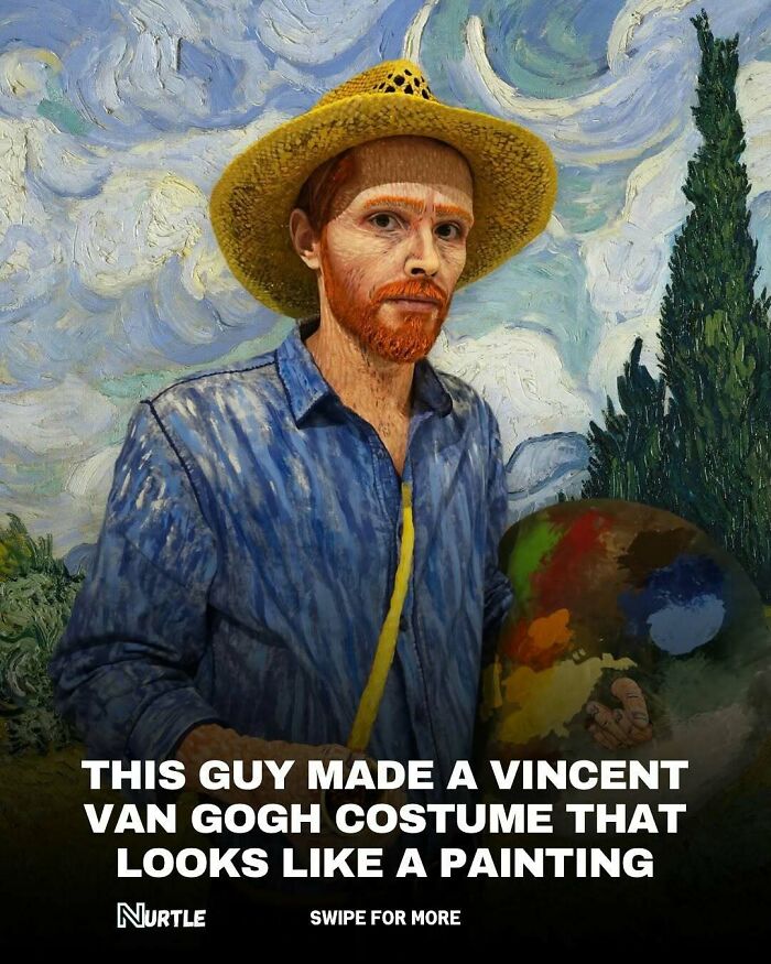 Man in Vincent Van Gogh costume blending into a painted background, showcasing creative random facts fun to know.