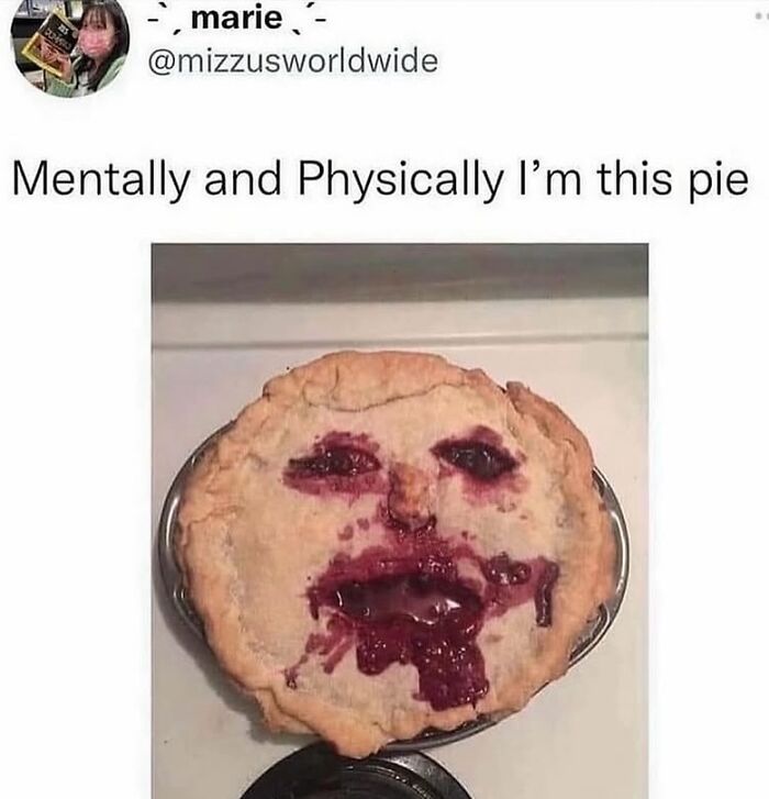 Therapy meme showing a pie with filling spilling that resembles a distressed face, capturing funny and relatable therapy moments.