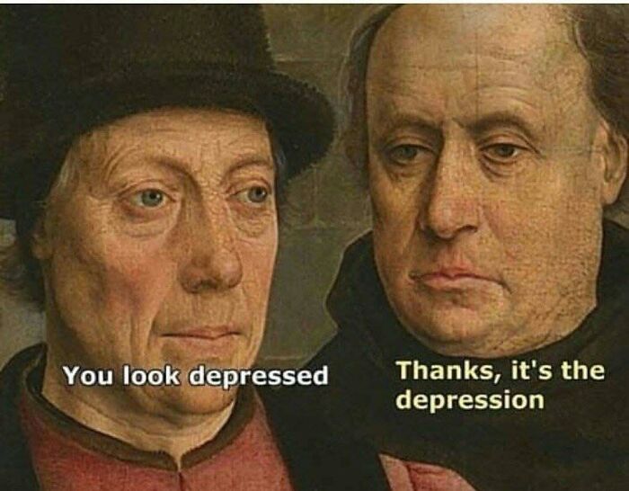 Two men from a classical painting with text about depression, highlighting memes and humor as the best medicine.