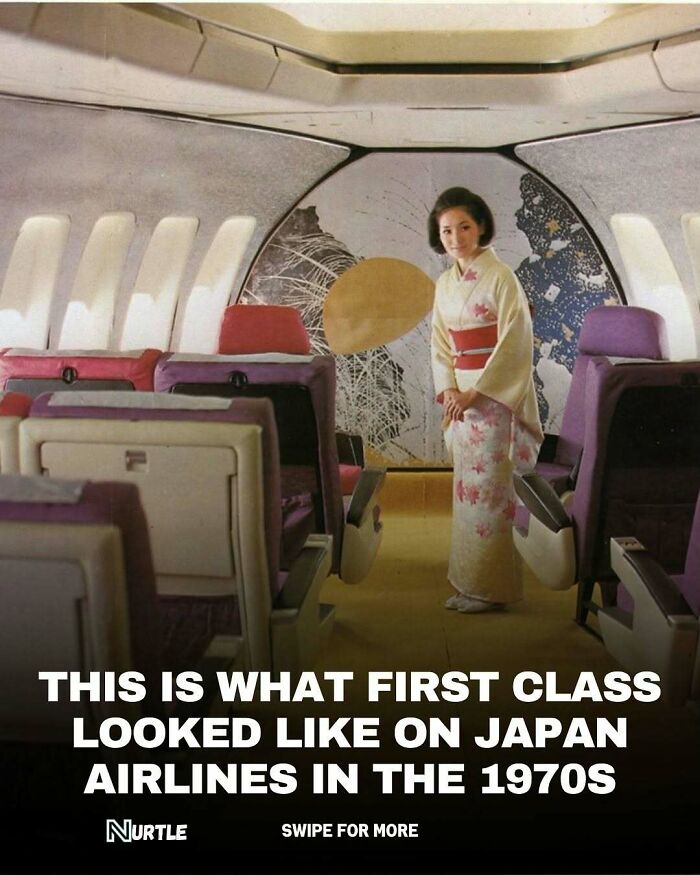 Vintage first class cabin on Japan Airlines in the 1970s with a flight attendant in traditional clothing, random facts.