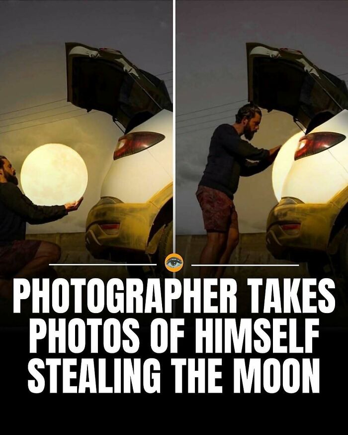 Photographer creatively uses lighting to capture interesting pics of himself stealing the moon from a car trunk at dusk. Photographer creatively uses lighting to capture interesting pics of himself stealing the moon from a car trunk at dusk.