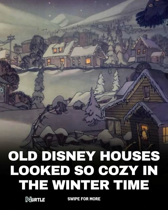 Illustration of old Disney houses covered in snow, creating a cozy winter scene with warm glowing windows.