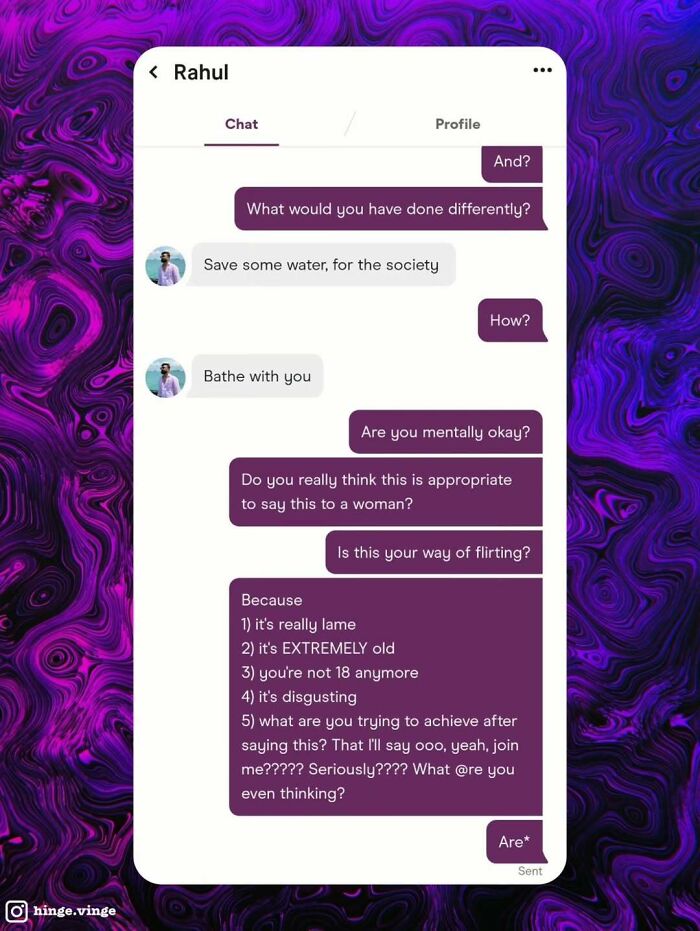 Chat screenshot from a dating app showing a humorous but awkward conversation about saving water and flirting fails.