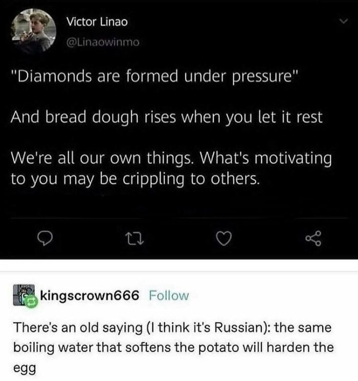 Funny memes text about motivation, pressure, and differing responses featuring bread dough and boiling water sayings.