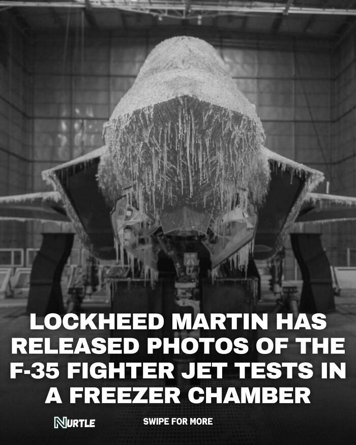 F-35 fighter jet covered in ice during freezer chamber tests, showcasing unique random facts about aircraft technology.