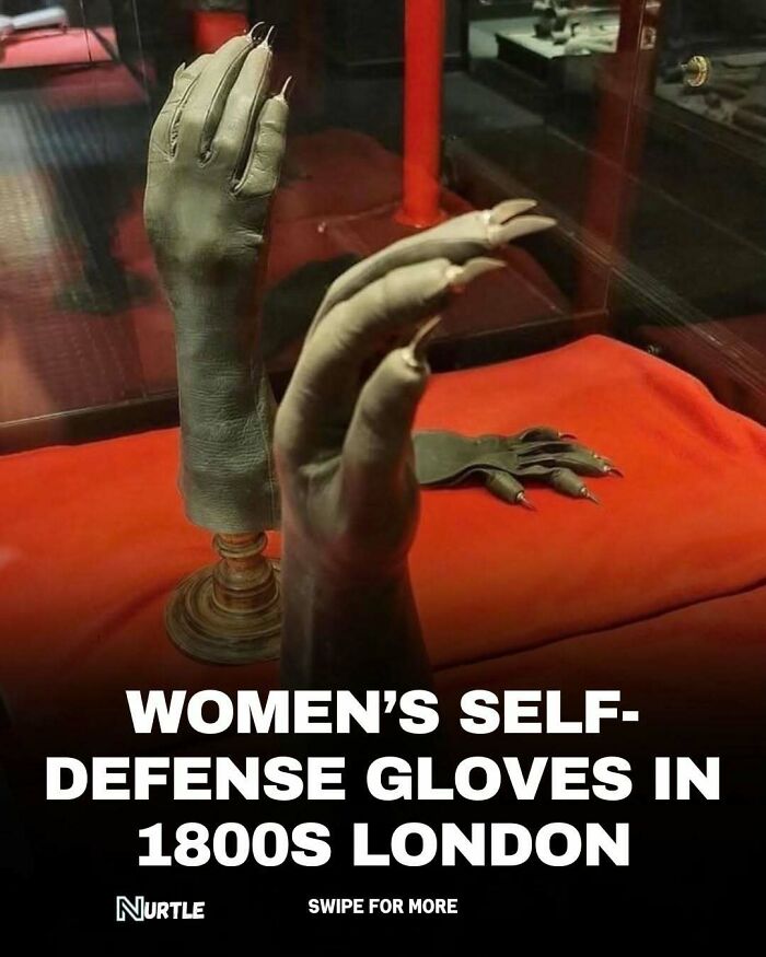 Antique women's self-defense gloves with sharp claws from 1800s London displayed as a random fun fact.