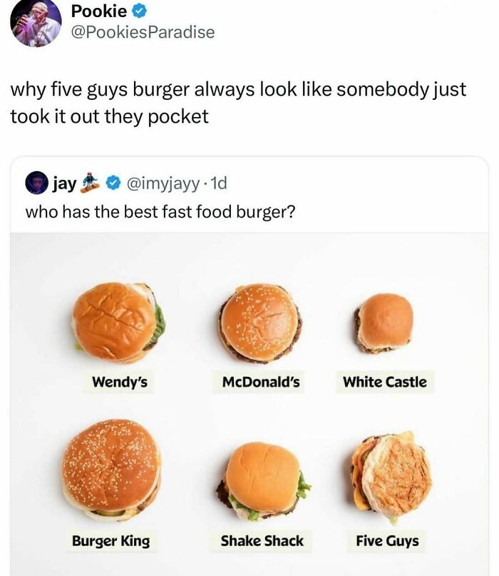 Tweet meme comparing fast food burgers from Wendy’s, McDonald’s, White Castle, Burger King, Shake Shack, and Five Guys, funny meme distractions.