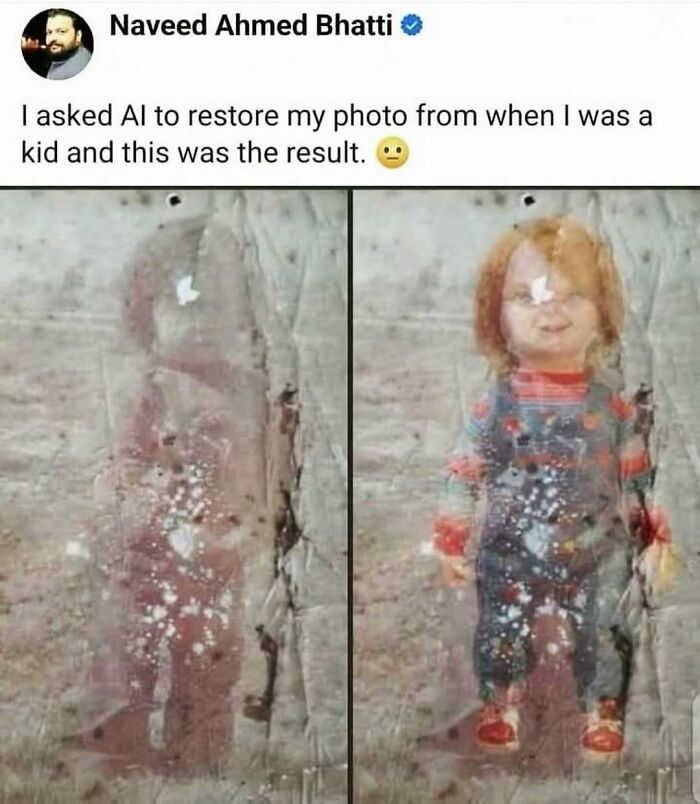 Faded childhood photo on left and AI restored version as a funny meme to distract from whatever you’re avoiding.