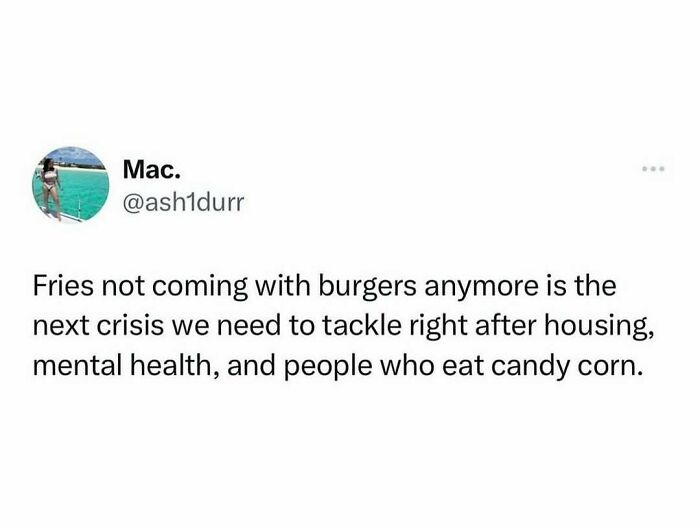 Funny meme text about fries no longer coming with burgers as a new crisis, fitting for funny memes topic.