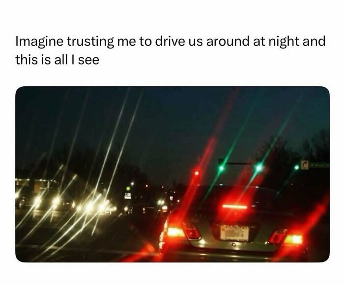 Blurry nighttime photo of car headlights and taillights causing distraction in a funny meme about avoiding tasks.