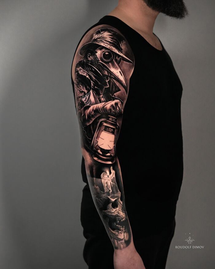 Detailed black and gray tattoo sleeve featuring a plague doctor and skull, showcasing cool and realistic tattoo art.