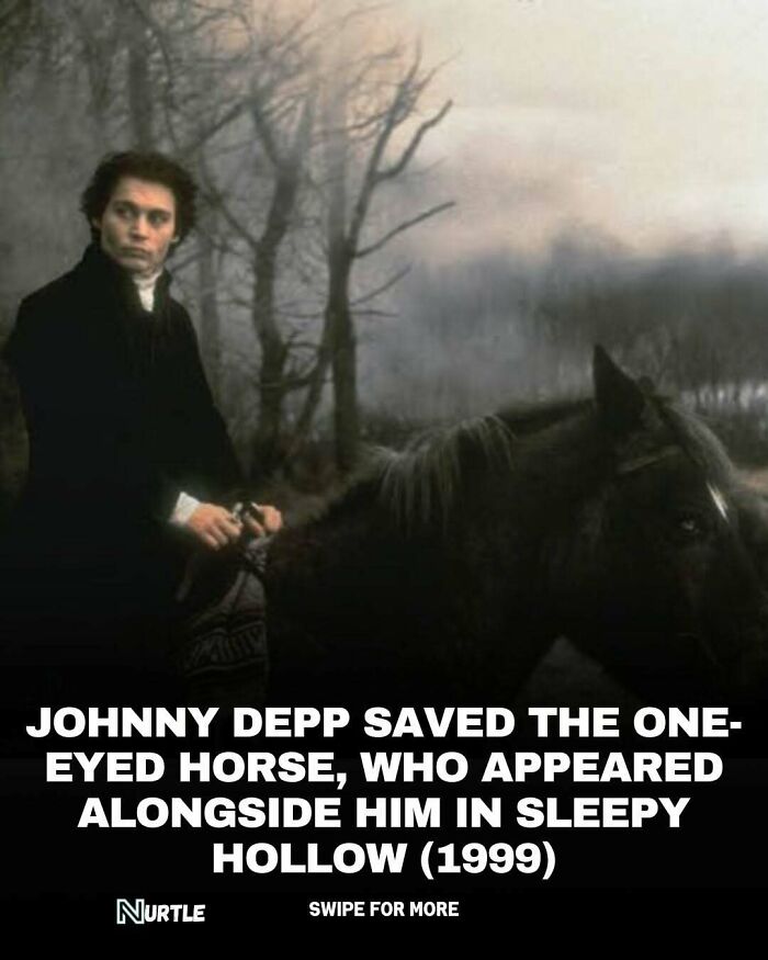 Johnny Depp with a one-eyed horse in a dark forest scene from Sleepy Hollow, featured in random facts that are fun to know.