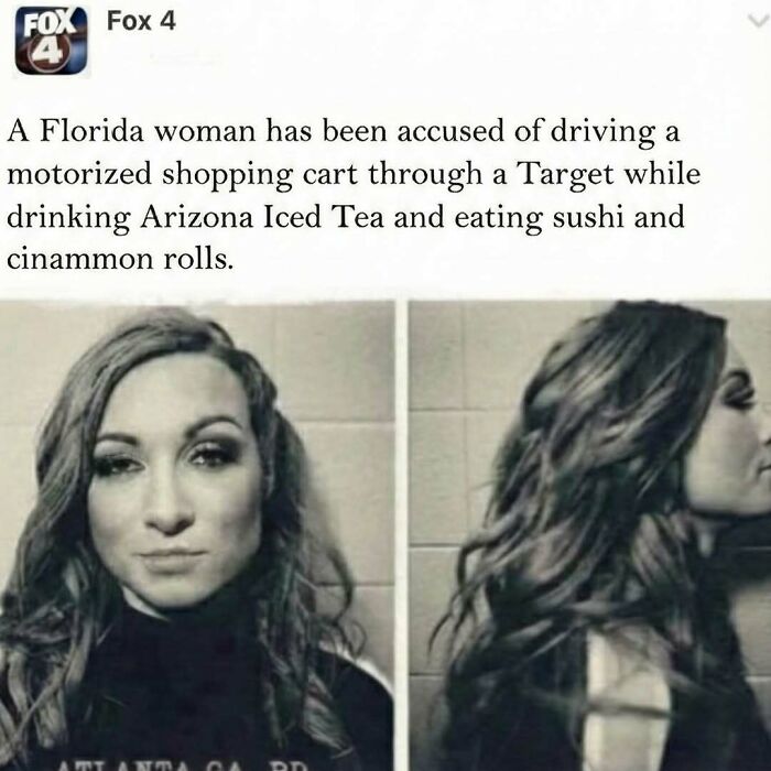 Mugshot of a woman accused of driving a motorized shopping cart, featured in funny memes to distract from avoidance.