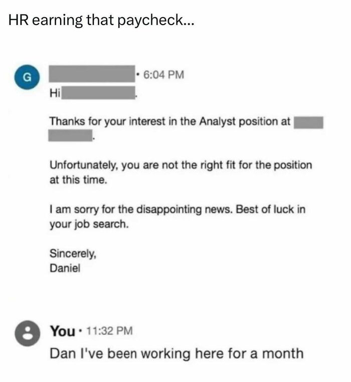 Screenshot of a work meme showing an HR rejection email followed by a humorous reply from an existing employee.