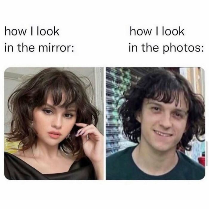 Side-by-side funny memes showing difference between how someone looks in the mirror versus in photos, highlighting meme humor.