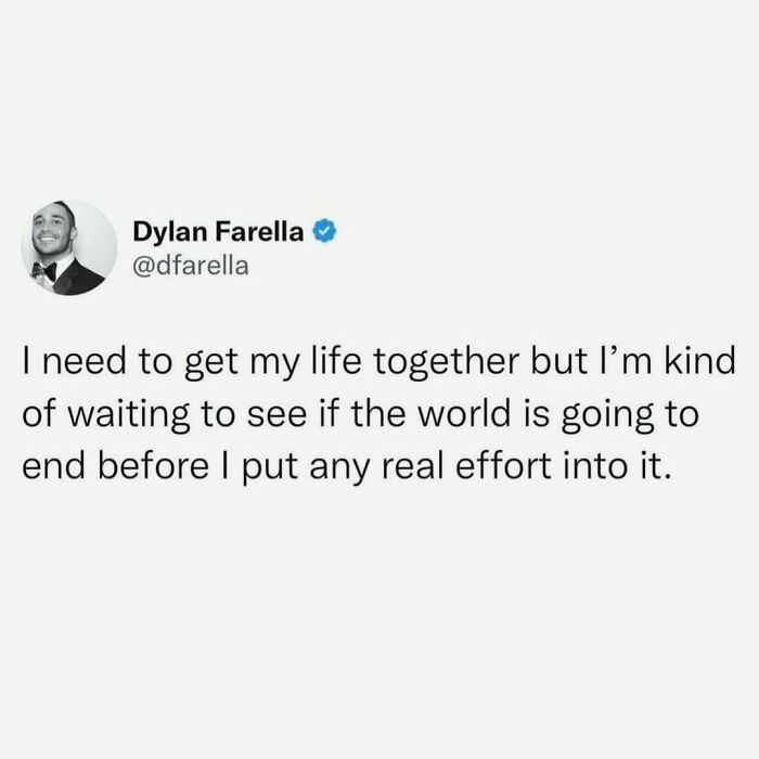 Tweet from Dylan Farella humorously expressing procrastination, featured among funny memes for distraction.