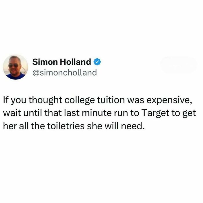 Funny memes tweet about the high cost of last minute shopping for college toiletries as a distraction from stress.