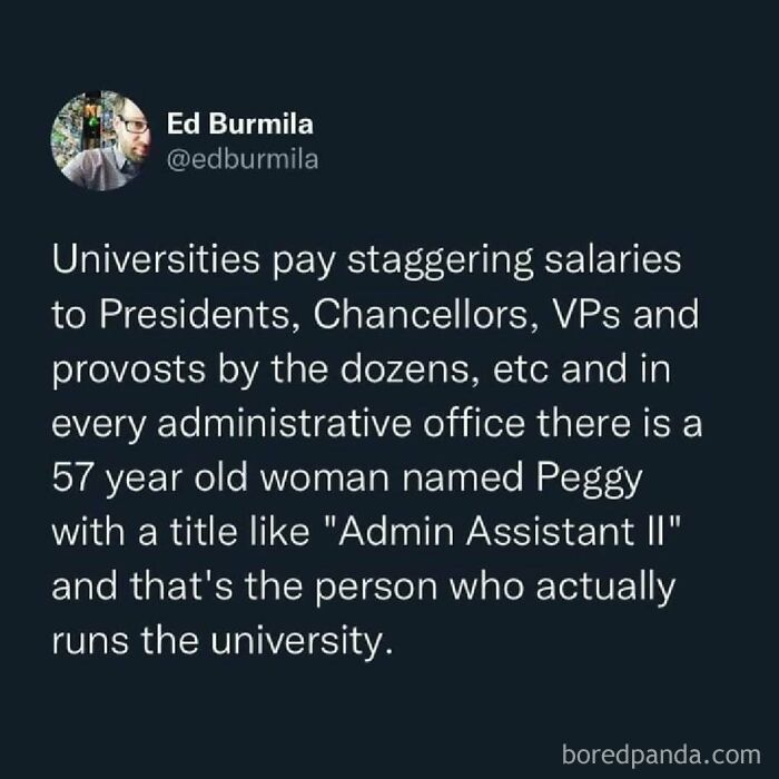 Tweet highlighting university salary gaps and administrative roles, featured in works memes that might make you laugh or cry.