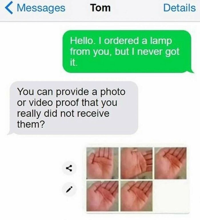 Text message meme humor showing a conversation about not receiving a lamp with funny photo proof attempts.