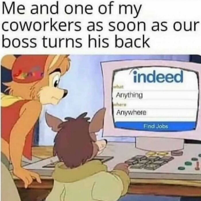 Cartoon characters searching job listings on a computer, illustrating funny memes about workplace distractions and avoidance.