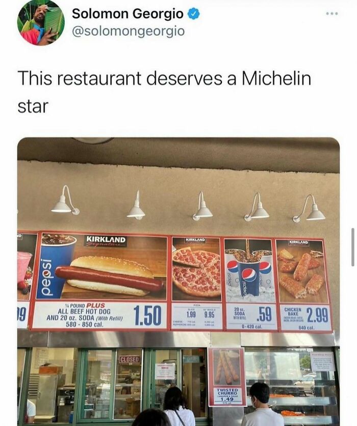 Funny memes featuring a humorous tweet about a restaurant menu with hot dog, pizza, soda, and chicken bake.