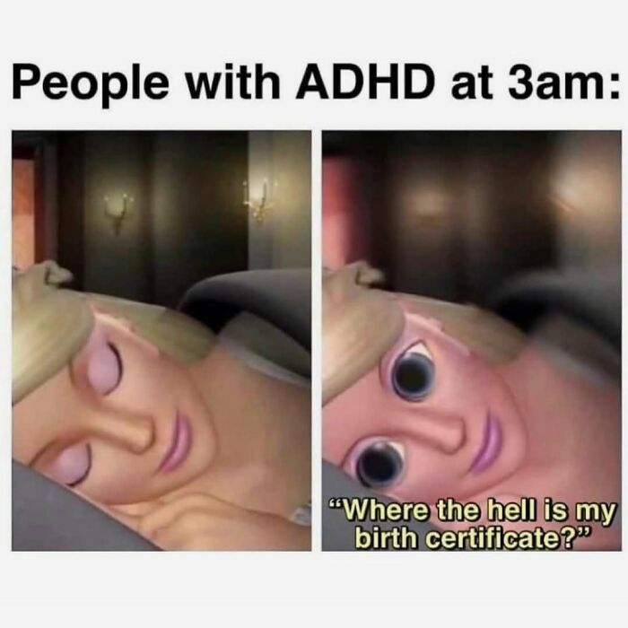 Funny memes showing a wide-eyed animated character awake at 3am, illustrating ADHD distraction humor.