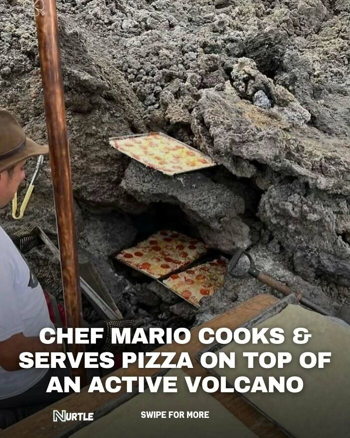 Chef Mario cooking pizza on lava rocks of an active volcano, showcasing unique and fun random facts to know.