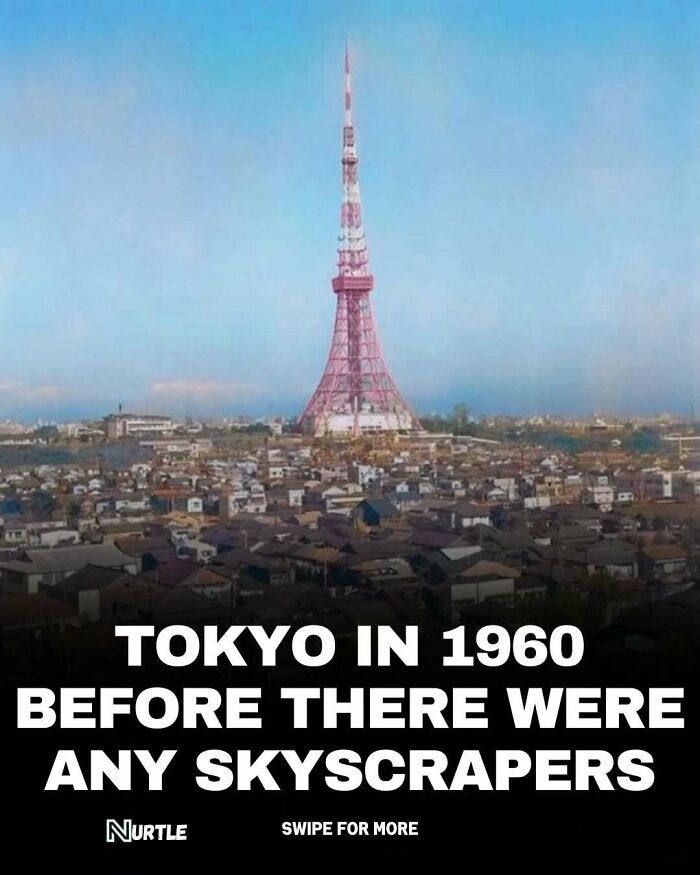 Tokyo cityscape in 1960 with a landmark tower and no skyscrapers, illustrating random facts that are fun to know.