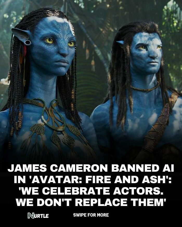 Two blue avatar characters in a forest with a caption about James Cameron banning AI, related to random facts to know.