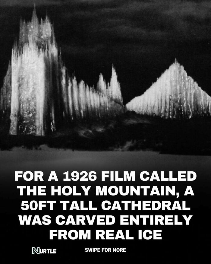 Black and white image showing a 50ft tall cathedral carved from real ice, related to random fun facts to know.