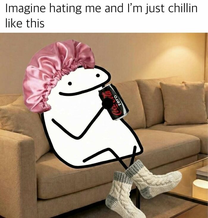 Cartoon character relaxing on a couch in cozy socks and a bonnet drinking soda, funny meme for distraction.