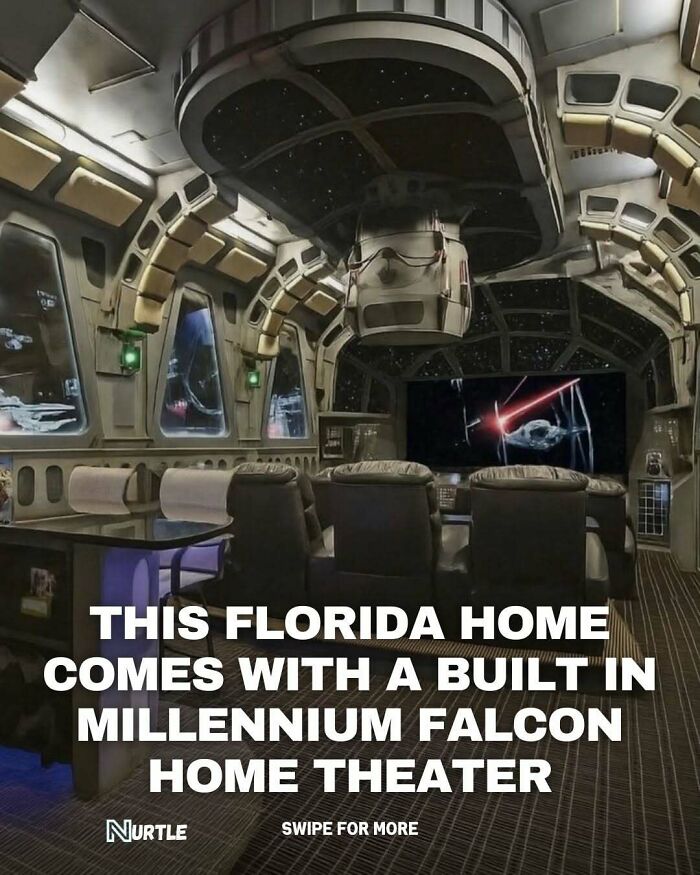 Interior of a Florida home theater designed as the Millennium Falcon, a fun random fact to know and share.