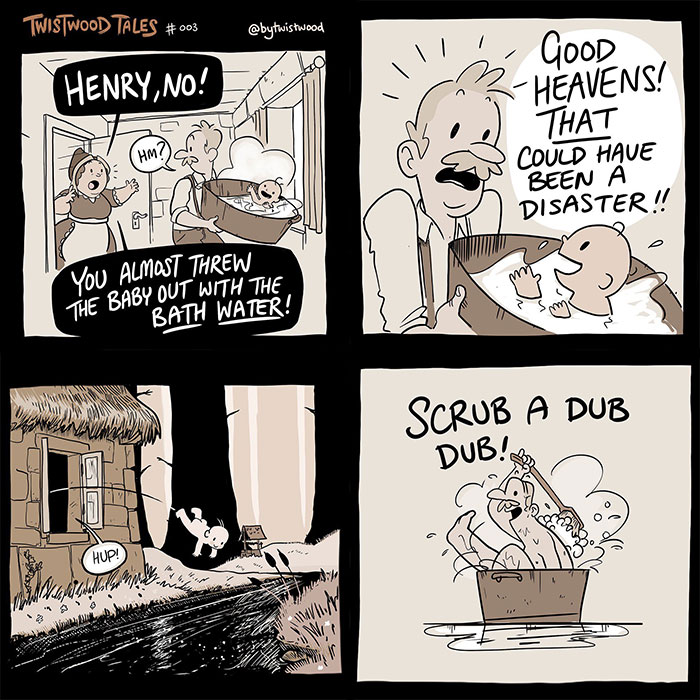 Quirky fantasy comic from Twistwood Tales shows humorous forest adventure with baby and heartfelt moments in enchanted setting.