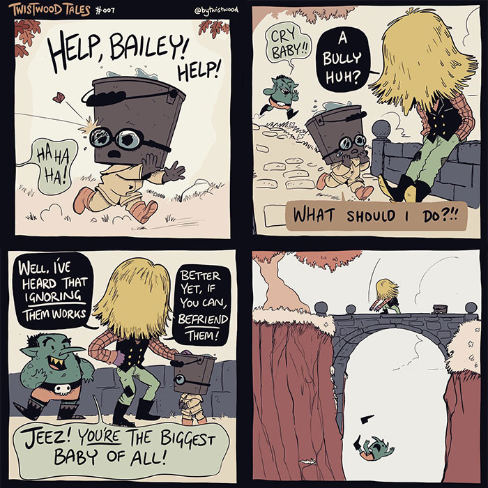 Comic panels from Twistwood Tales showing quirky fantasy characters in an enchanted forest with playful and heartfelt humor.