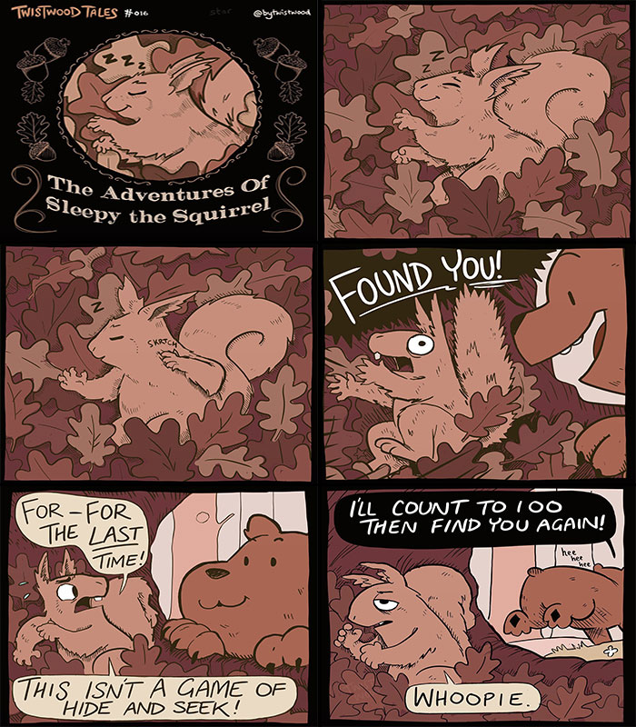 Comic panels from Twistwood Tales showing a sleepy squirrel in an enchanted forest with quirky fantasy and heartfelt humor.