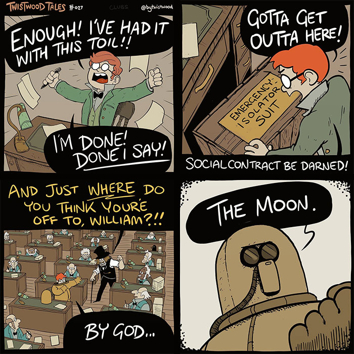 Comic panels from Twistwood Tales showing quirky fantasy humor with a character escaping in an enchanted forest setting.