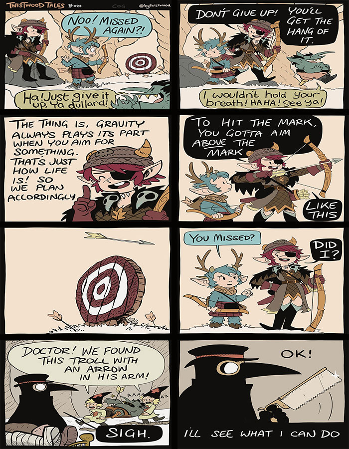 Fantasy comic panels featuring quirky characters in an enchanted forest with humor and archery lessons in Twistwood Tales.