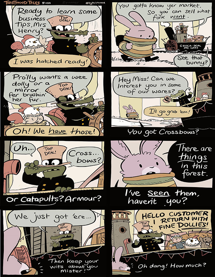 Comic strip from Twistwood Tales showing quirky fantasy characters with heartfelt humor in an enchanted forest setting.