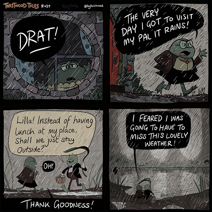 Comic panels from Twistwood Tales showing quirky fantasy characters in rain, blending enchanted forest and heartfelt humor elements.