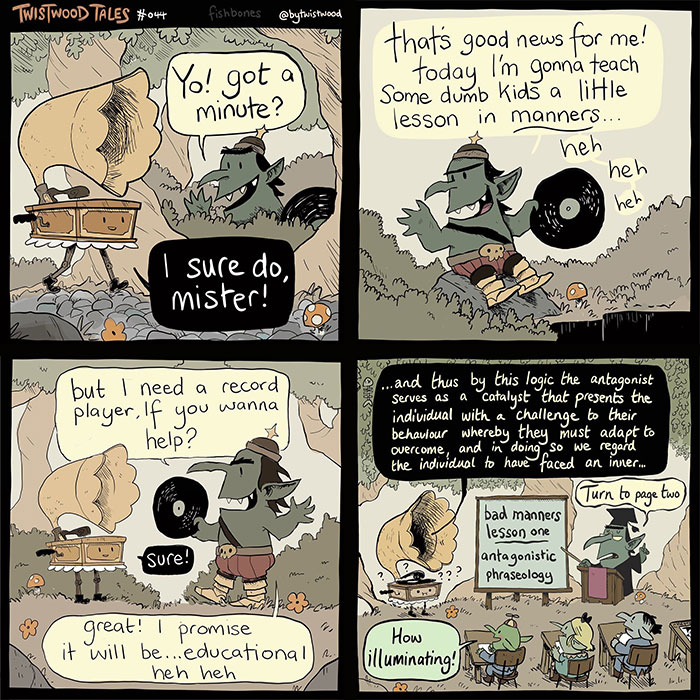 Quirky fantasy characters in an enchanted forest engaging with humor and lessons from Twistwood Tales comic.