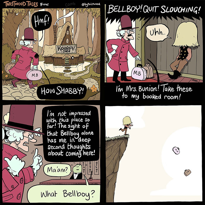 Cartoon depicting quirky fantasy and heartfelt humor in an enchanted forest setting from Twistwood Tales.