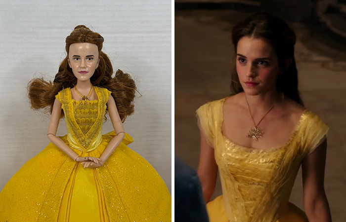 Offensively ugly celebrity doll in a yellow dress next to the real celebrity wearing the same outfit.