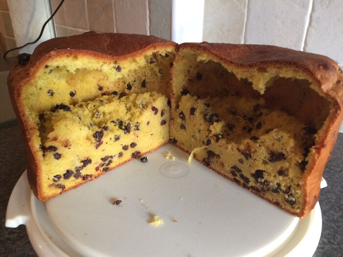 Partially hollowed cake with raisins inside on a white plate showing a dessert ruin example from baking gone wrong.