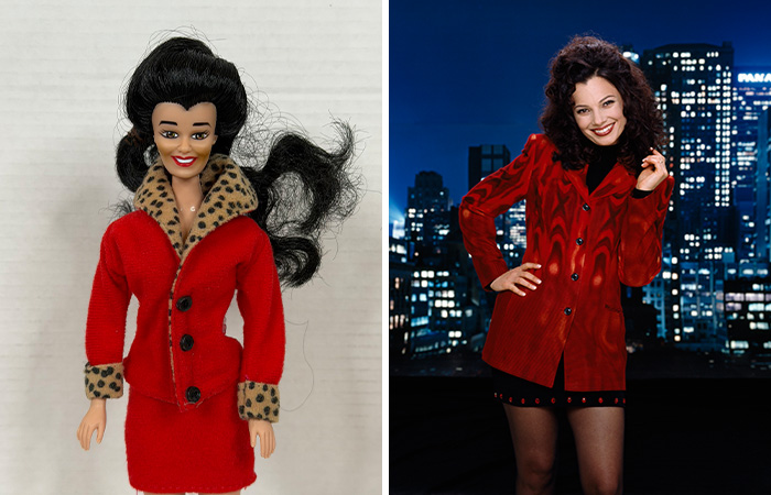 Side-by-side image of an offensively ugly celebrity doll and a woman in a red outfit against a city nightscape.