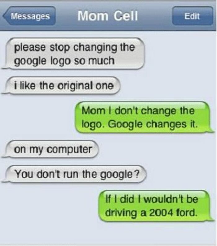 Text conversation humor about anxiety prime featuring a mom confused about Google logo changes and ownership.